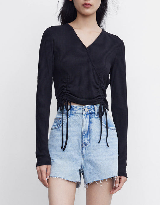 드로스트링 랩 긴팔 골지 니트 티셔츠