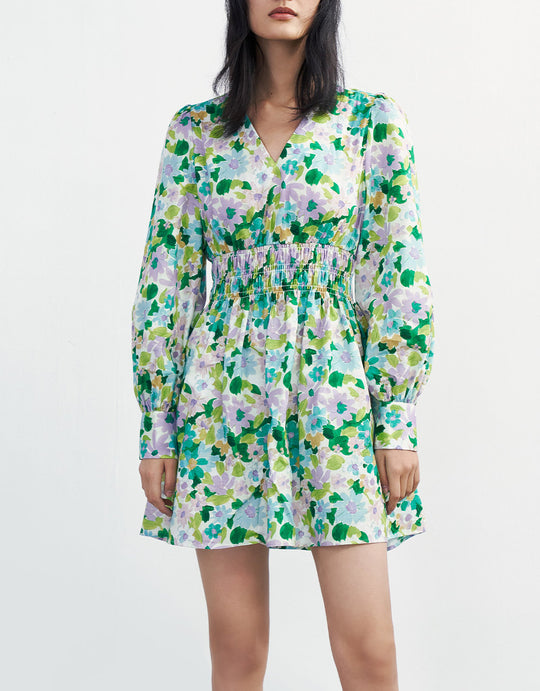 셔링 플로럴 프린트 롱 슬리브 드레스