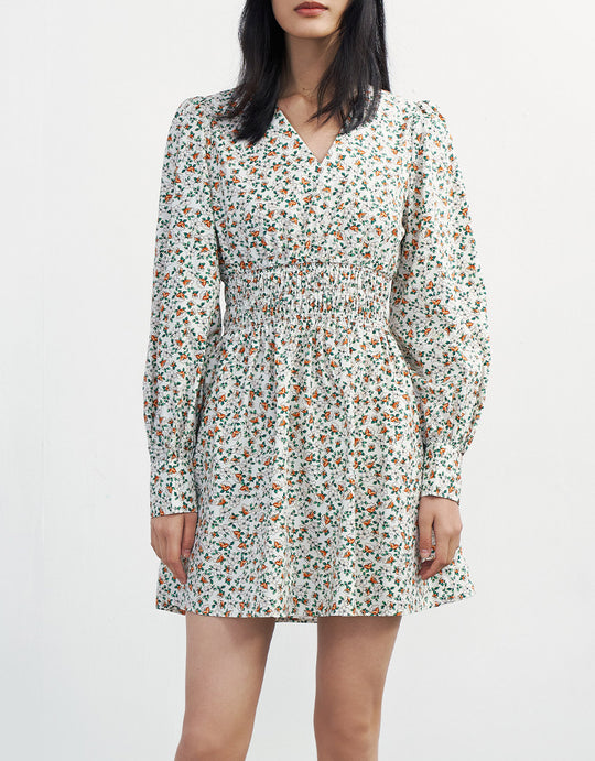 셔링 플로럴 프린트 롱 슬리브 드레스