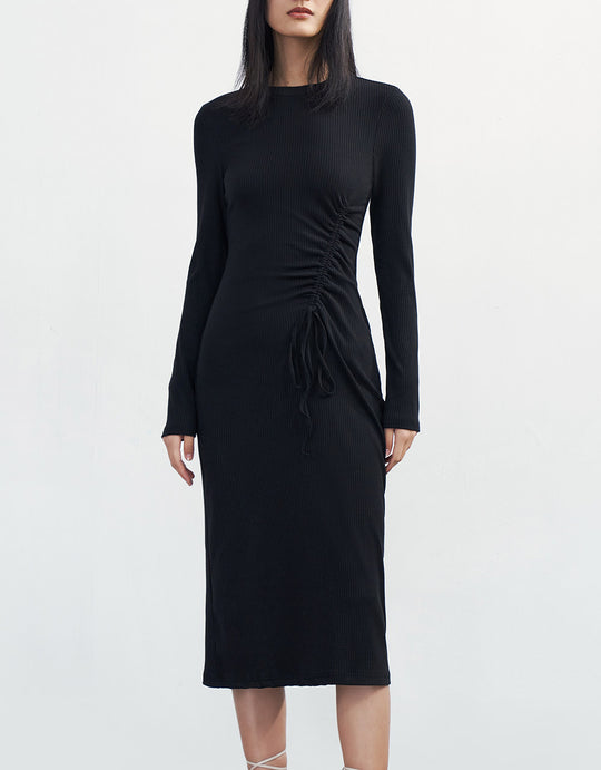 드로스트링 주름 시식 프론트 니트 드레스