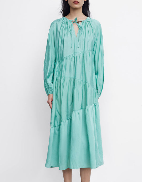 그린 드로스트링 롱 드레스