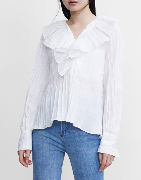 러플 칼라 V넥 셔츠