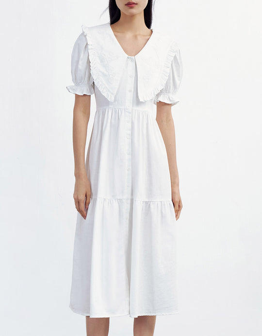 빅칼라 퍼프 슬리브 미디 데님 드레스