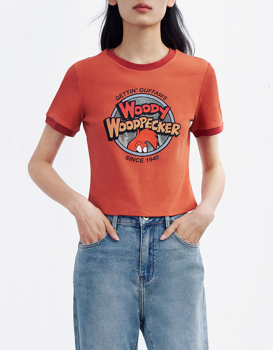 우디 딱따구리 콘트라스트 트림 티