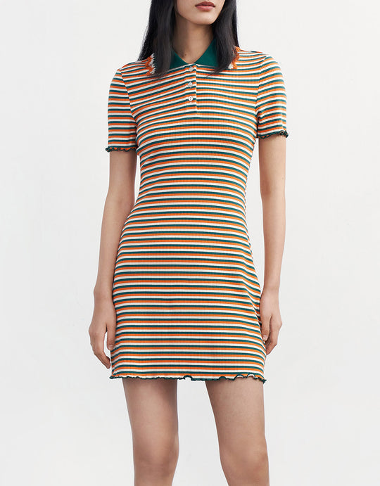 스트라이프 레터스 트리밍 니트 폴로 드레스