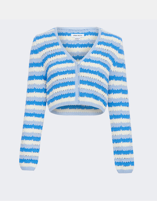 스트라이프 버튼 크롭 카디건