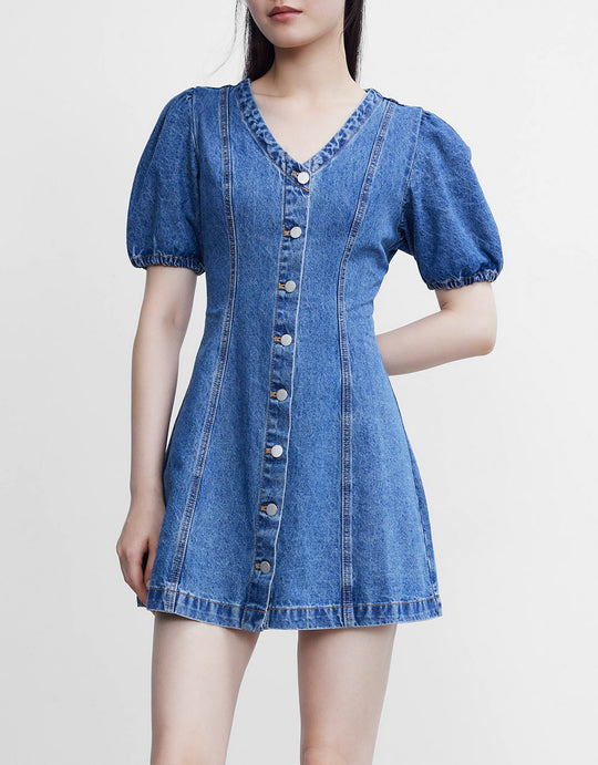 V넥 데님 드레스