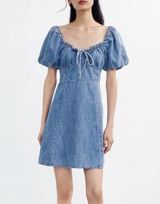 타이 프론트 퍼프 슬리브 데님 드레스