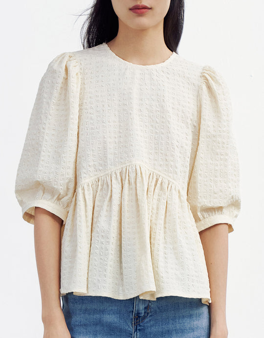 퍼프 슬리브 밑단 러플 블라우스