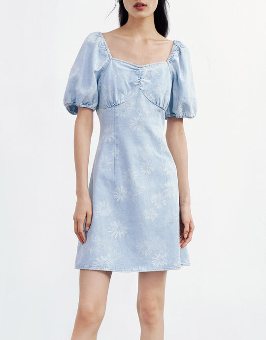 플로럴 프린트 데님 드레스