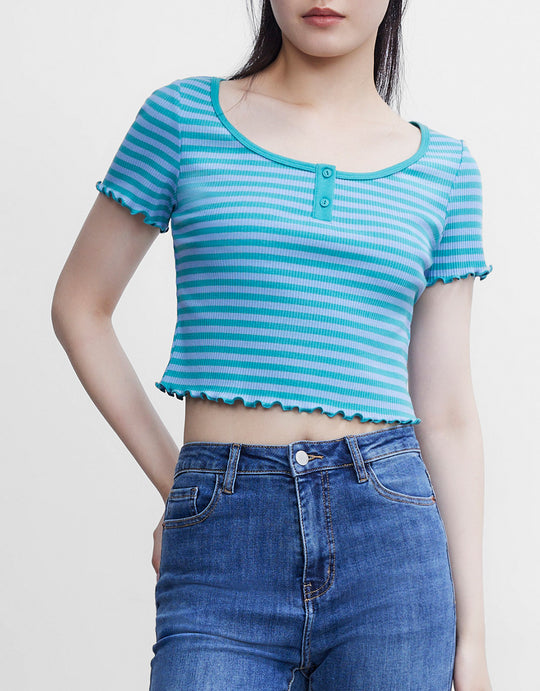 프릴넥 스트라이프 크롭 티