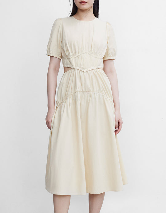 컷아웃 셔링 퍼프 슬리브 미디 드레스