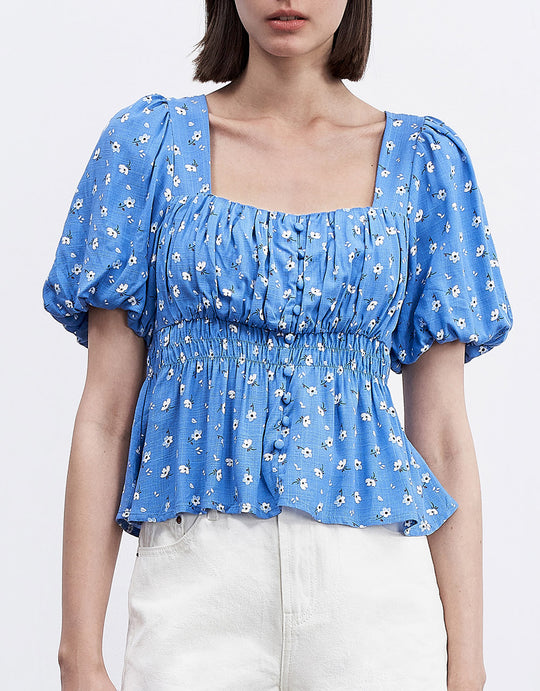 플로럴 프린트 퍼프 슬리브 블라우스