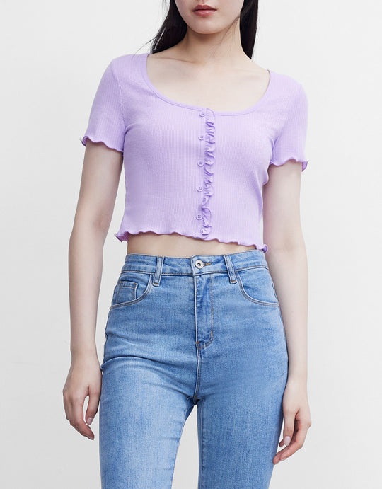 프릴 버튼업 골지 니트 탑