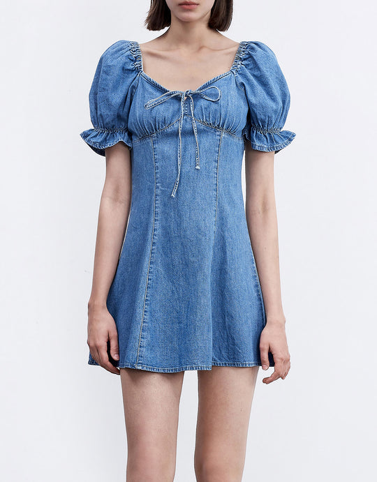 리본 퍼프 슬리브 데님 드레스