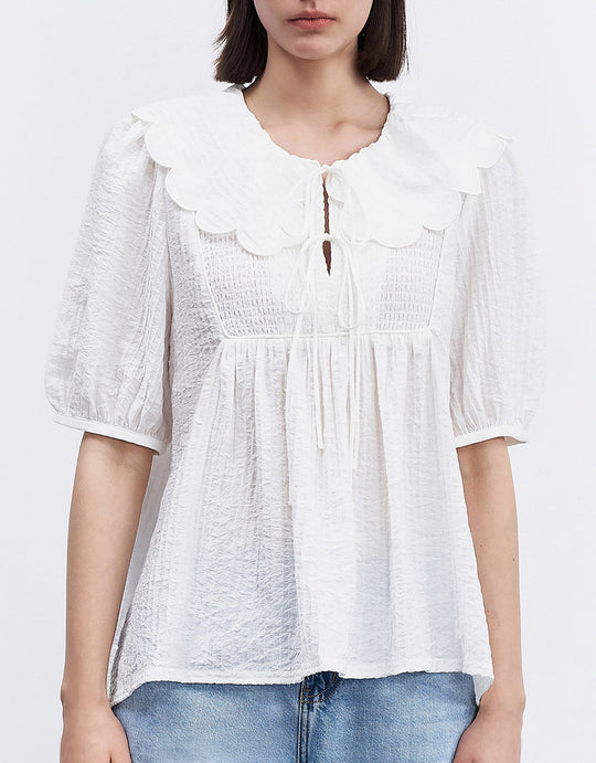 스테이트먼트 칼라 밑단 러플 블라우스