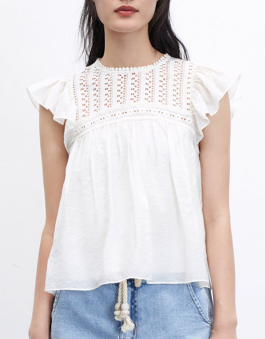 프릴 소매 크루넥 블라우스