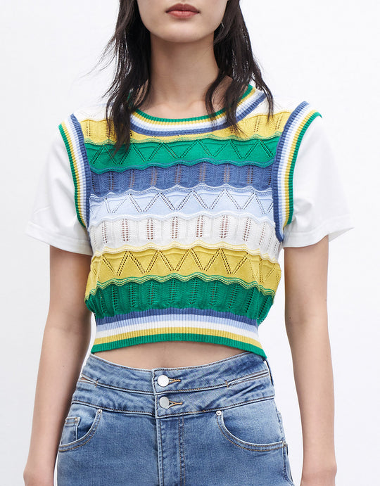 컬러 블록 니트 티셔츠