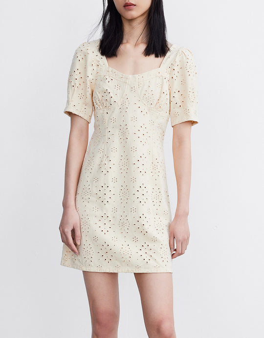 퍼프 슬리브 아일렛 데님 드레스