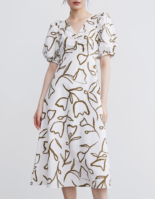 플라워 프린트 퍼프 슬리브 드레스