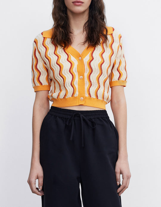 웨이브 스트라이프 반팔 니트 탑