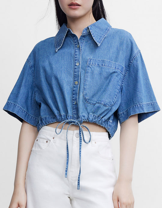 라펠 크롭 데님 셔츠