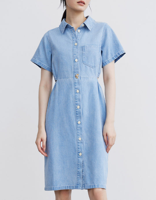라펠 반팔 데님 드레스