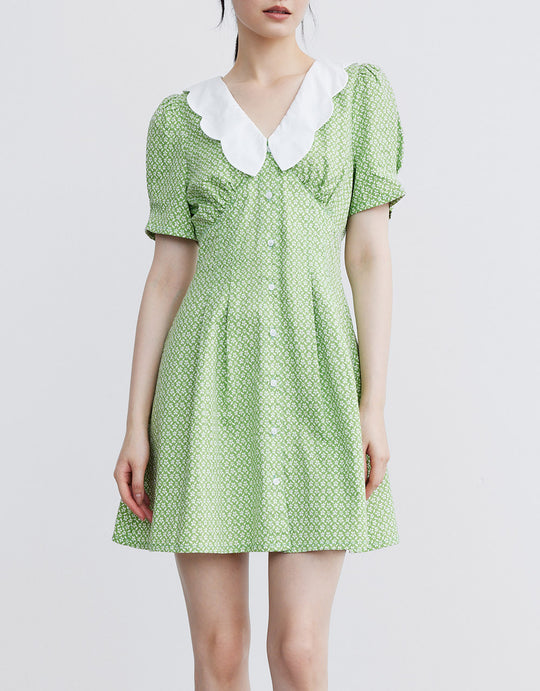 V넥 퍼프 슬리브 데님 드레스