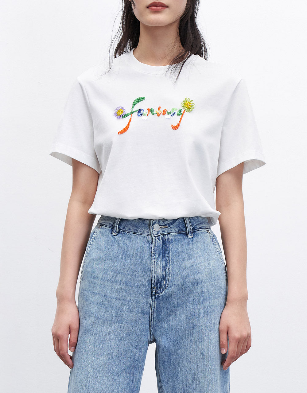 플라워 비즈 디테일 티셔츠