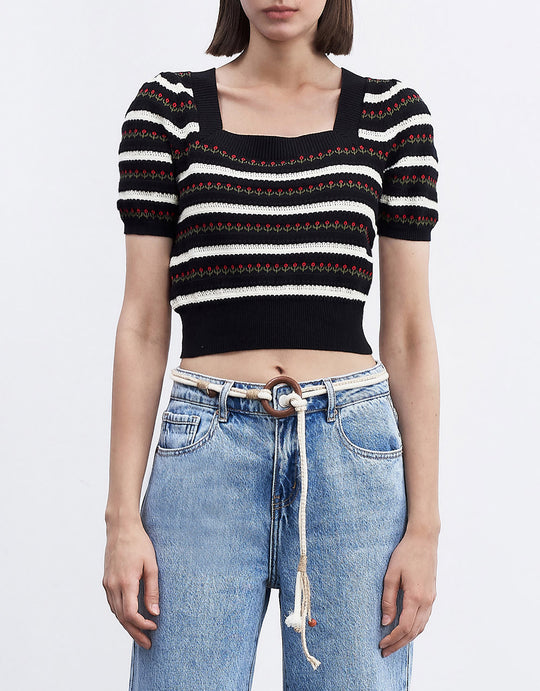 플로럴 스트라이프 니트 탑