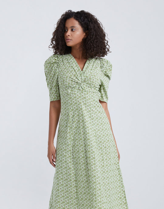 퍼프 소매 V넥 A-Line 드레스