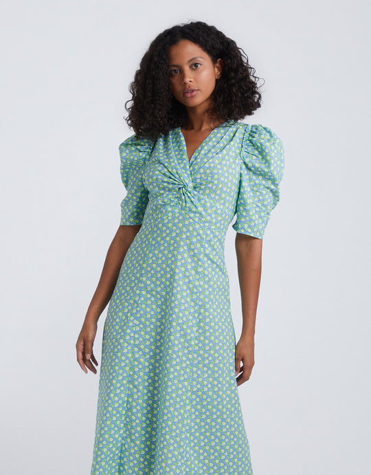 퍼프 소매 V넥 A-Line 드레스