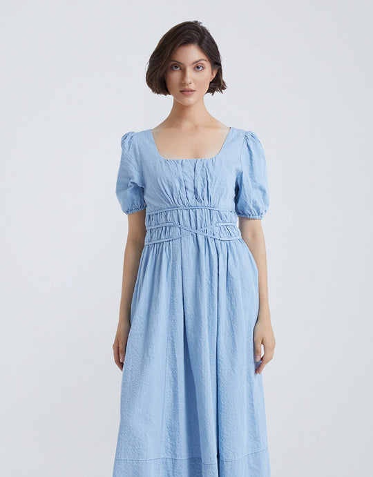 퍼프 소매 스퀘어 카라 데님 드레스