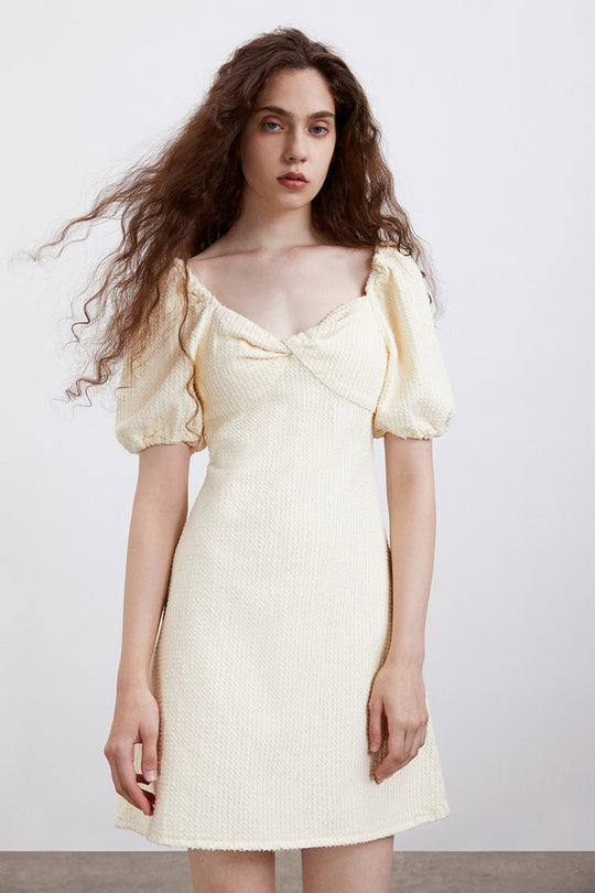 퍼프 소매 U넥 데님 드레스