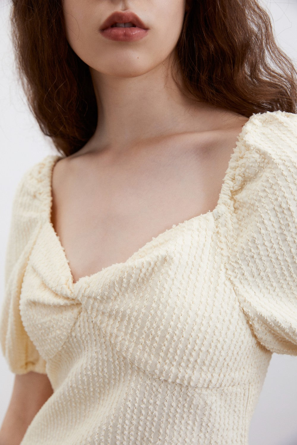 퍼프 소매 U넥 데님 드레스