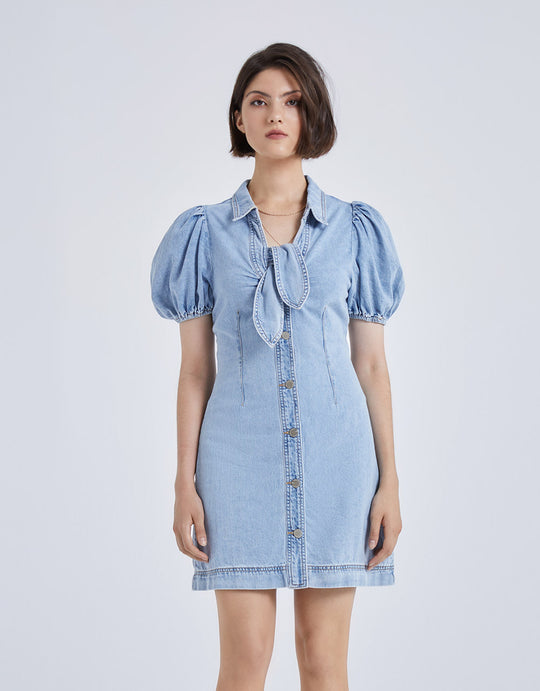 퍼프 소매 라펠 데님 드레스