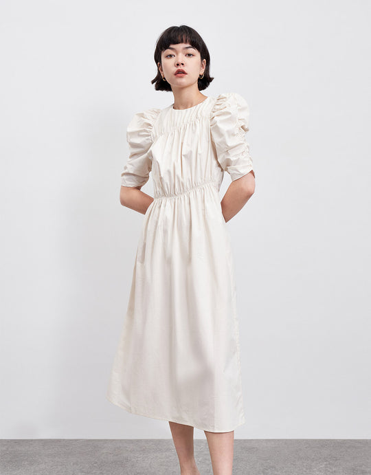 퍼프 소매 크루넥 A-Line 드레스