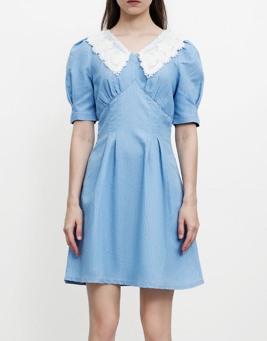 V넥 퍼프 슬리브 데님 드레스