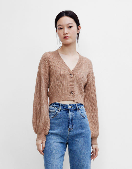 퍼프 소매 V넥 가디건