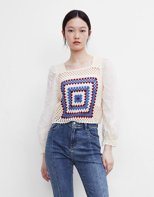 퍼프 소매 보트 넥 니트 티셔츠