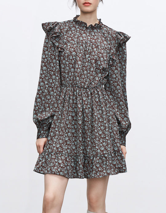 퍼프 소매 스탠드 카라 스케이터 드레스