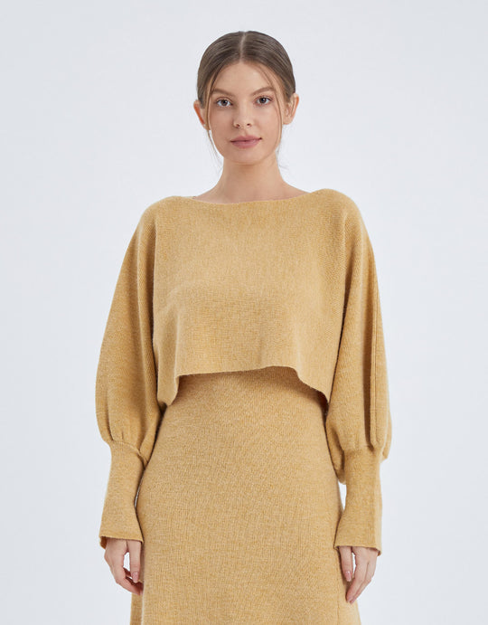 돌먼 슬리브 오프 숄더 니트 티셔츠