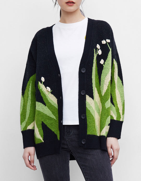 리프 패턴 드롭 숄더 가디건