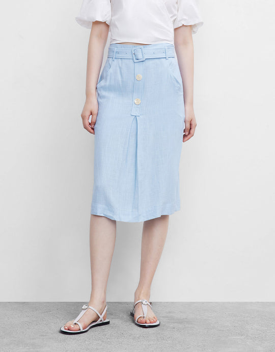 버클 벨트 스플릿 헴 미디 스커트