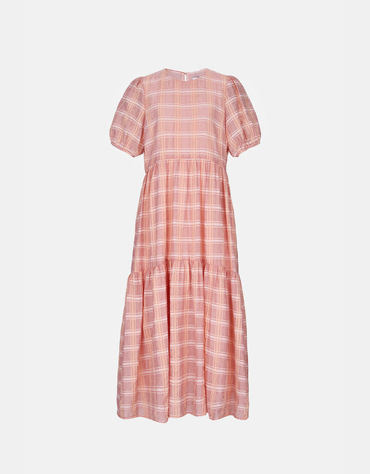 퍼프 소매 크루넥 롱 원피스