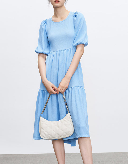 퍼프 소매 크루넥 롱 원피스