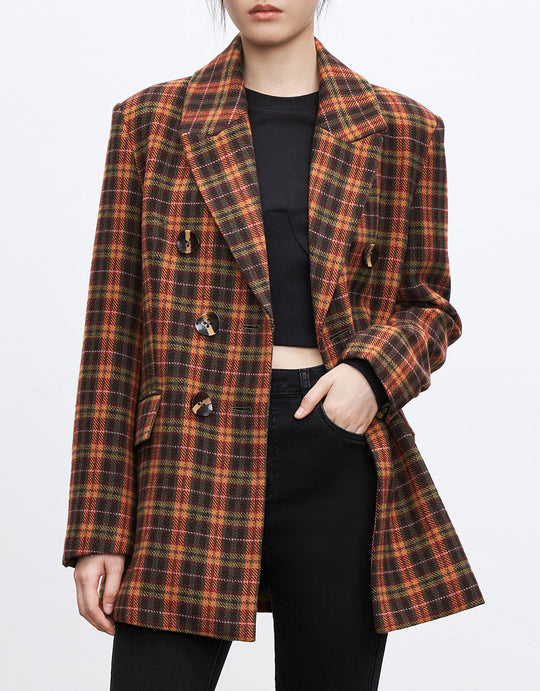 체크무늬 더블 브레스트 블레이저