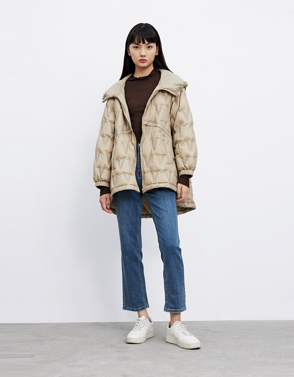 카라넥 후드 오리털 패딩