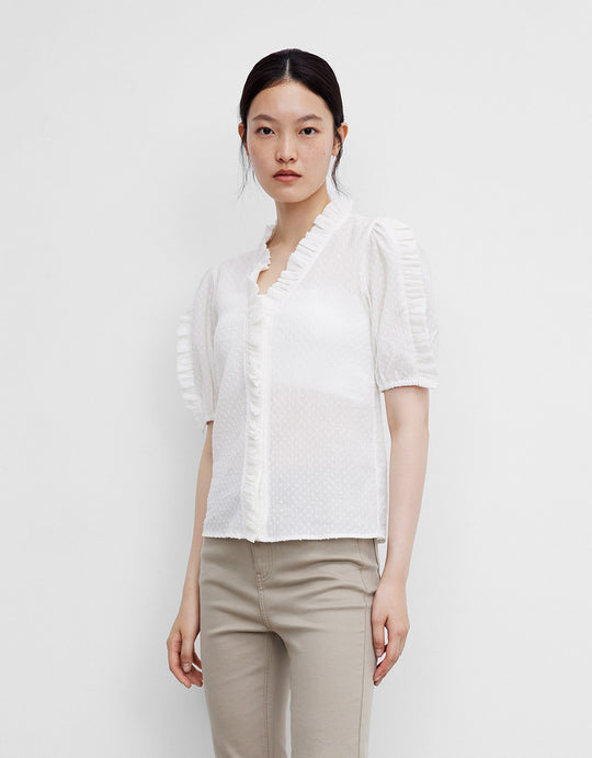 퍼프 소매 V넥 셔츠