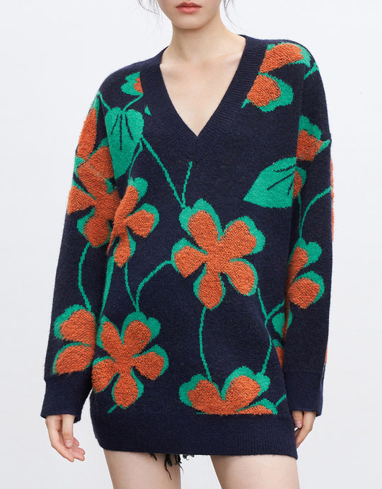 플라워 패턴 V넥 스웨터